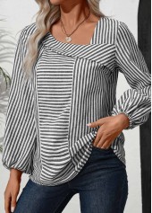 Striped Asymmetry Navy Long Sleeve Asymmetrical Neck Blouse