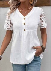 Patchwork White Short Sleeve V Neck Blouse