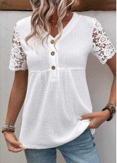 Patchwork White Short Sleeve V Neck Blouse