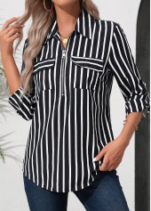 Striped Zipper Black 3/4 Sleeve Turn Down Collar Blouse