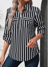 Striped Zipper Black 3/4 Sleeve Turn Down Collar Blouse