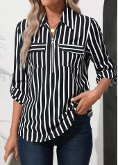 Striped Zipper Black 3/4 Sleeve Turn Down Collar Blouse