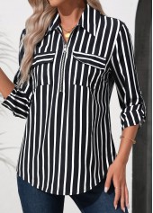 Striped Zipper Black 3/4 Sleeve Turn Down Collar Blouse