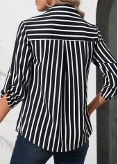 Striped Zipper Black 3/4 Sleeve Turn Down Collar Blouse