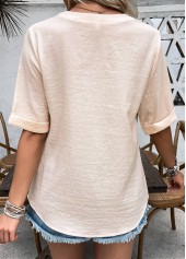 Button Light Camel Half Sleeve Split Neck Blouse
