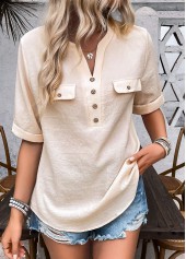Button Light Camel Half Sleeve Split Neck Blouse