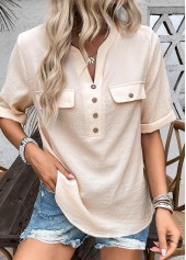 Button Light Camel Half Sleeve Split Neck Blouse