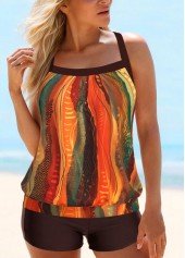 Striped Patchwork Dark Coffee Tankini Set