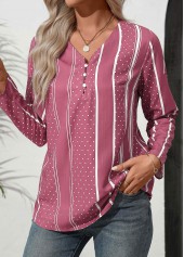 Polka Dot Button Pink Long Sleeve V Neck Blouse