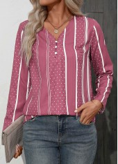 Polka Dot Button Pink Long Sleeve V Neck Blouse