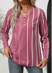 Polka Dot Button Pink Long Sleeve V Neck Blouse