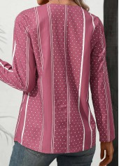 Polka Dot Button Pink Long Sleeve V Neck Blouse