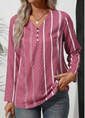 Polka Dot Button Pink Long Sleeve V Neck Blouse