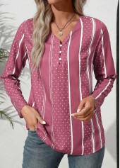 Polka Dot Button Pink Long Sleeve V Neck Blouse