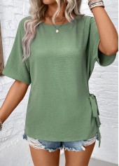 Bowknot Green Half Sleeve Round Neck Blouse