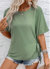 Bowknot Green Half Sleeve Round Neck Blouse