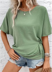 Bowknot Green Half Sleeve Round Neck Blouse