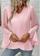 Patchwork Light Pink Long Sleeve V Neck Blouse