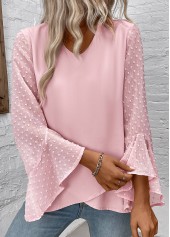 Patchwork Light Pink Long Sleeve V Neck Blouse