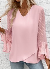 Patchwork Light Pink Long Sleeve V Neck Blouse