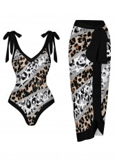 Leopard Black Bnowknot One Piece Swimwear and Skirt