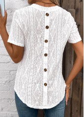 Button White Short Sleeve Round Neck T Shirt