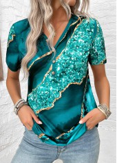Marble Print Button Turquoise Short Sleeve T Shirt