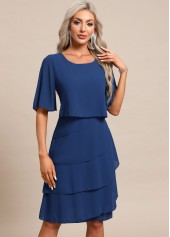 Breathable Blue Half Sleeve Scoop Neck Shift Dress