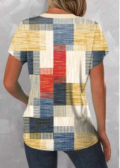 Geometric Print Patchwork Multi Color Short Sleeve Blouse