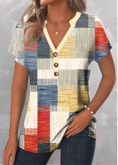 Geometric Print Patchwork Multi Color Short Sleeve Blouse