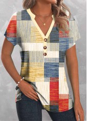 Geometric Print Patchwork Multi Color Short Sleeve Blouse