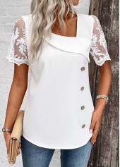 Patchwork White Short Sleeve Asymmetrical Neck Blouse