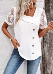 Patchwork White Short Sleeve Asymmetrical Neck Blouse