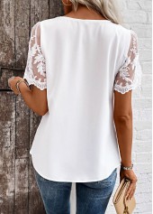Patchwork White Short Sleeve Asymmetrical Neck Blouse