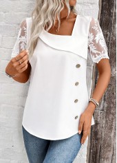 Patchwork White Short Sleeve Asymmetrical Neck Blouse