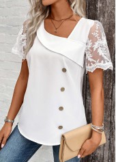 Patchwork White Short Sleeve Asymmetrical Neck Blouse