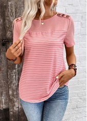 Striped Patchwork Dusty Pink Short Sleeve T Shirt