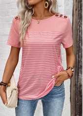 Striped Patchwork Dusty Pink Short Sleeve T Shirt