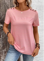 Striped Patchwork Dusty Pink Short Sleeve T Shirt