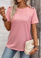 Striped Patchwork Dusty Pink Short Sleeve T Shirt