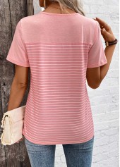 Striped Patchwork Dusty Pink Short Sleeve T Shirt