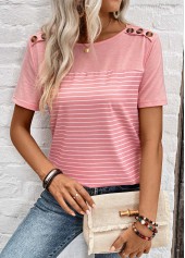 Striped Patchwork Dusty Pink Short Sleeve T Shirt