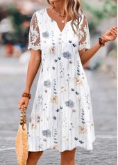 Floral Print Lace White A Line Short Sleeve Dress