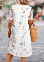 Floral Print Lace White A Line Short Sleeve Dress