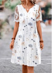 Floral Print Lace White A Line Short Sleeve Dress