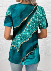 Plus Size Turquoise Button Marble Print T Shirt