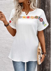 Patchwork White Short Sleeve Split Neck Blouse