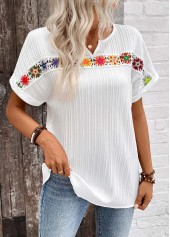 Patchwork White Short Sleeve Split Neck Blouse