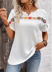 Patchwork White Short Sleeve Split Neck Blouse