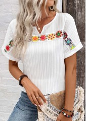 Patchwork White Short Sleeve Split Neck Blouse